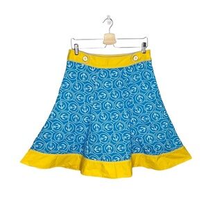 L.L. Bean Blue & Yellow Anchor Print Nautical Sailor A Line Flare Skirt